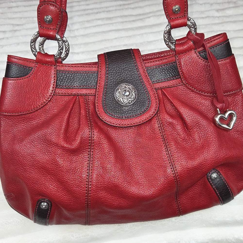BRIGHTON RED And BLACK Pebbled Leather Silver Hardware Vintage Handbag Purse EUC